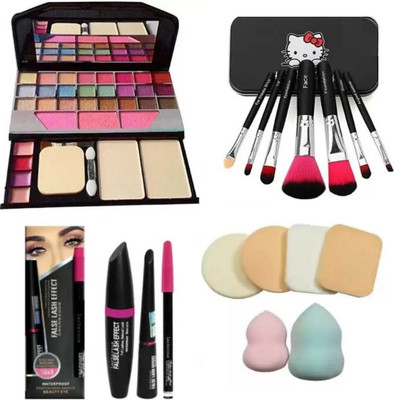 Pohok Eyeshadow & 7pc makeup brush set + 3 IN1 Mascara,eyeliner,Pencil and a perfect pack of beauty blander with makeup sponge(4 Items in the set)