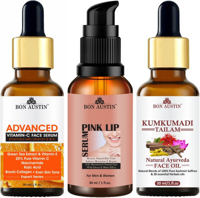 Bon Austin Advance Vit-C Serum, Pink Lip Serum & Kumkumadi Tailam/Face Oil (Each, 30ml) Combo Pack of 3 Items(3 Items in the set)