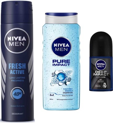 NIVEA Fresh Active 150ml deo Pure impact 250ml Sg and Deep Impact roll on 50ml Set of 3(3 Items in the set)