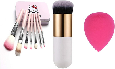 COLOR NEXT Mini Brush Kit with Storage Box & Sponge Puff & Foundation/Blush Brush (Set of 9 Pieces Sponge Puff color may vary) (Pink)(3 Items in the set)