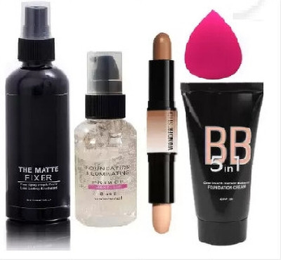 Stirling BEST MAKEUP BASE PRIMER , TUBE FOUNDATION , 2 IN 1 CONTOUR STICK , MAKEUP SETTING SPRAY WITH BEAUTY BLENDER(5 Items in the set)