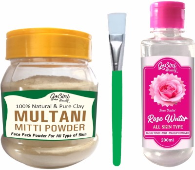 GoSiri Pure Glowing Pack Multani Mitti Powder (300g) for Face Pack & Hair, Bentonite Clay, Rose Water (200ml) and Brush(3 Items in the set)