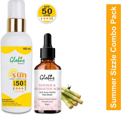 Globus Remedies Summer Sizzle Set - Sunscreen Lotion SPF 50++ 100 ml & Glycolic Face Serum 50 ml(2 Items in the set)