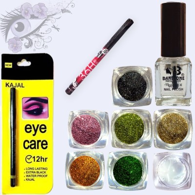 vizo Multicolor eyeshadow glitter powder + Pen Eyeliner, Kajal, Nail Polish and Glue(3 Items in the set)