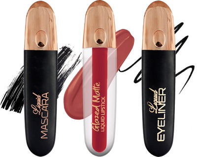 adbeni Combo Pack of Glazed Matte Liquid Lipstick With Eyeliner & Mascara(3 Items in the set)