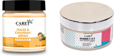 Caret Organic Haldi & Chandan Ubtan Face-Pack (100g) AND Daily Radiance Cream With Vitamin C,E(50G)Paraben Free(2 Items in the set)