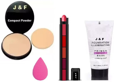 J & F Face Compact Powder, 5 in 1 Red Lipstick,Blender Puff,Primer(4 Items in the set)