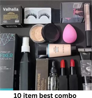 Valhalla 10 item combo kit Fixer, Serum, Foundation, Concealer, Inflammable, Compact Powder, Puff, Combo lipstick, Eyelash(10 Items in the set)