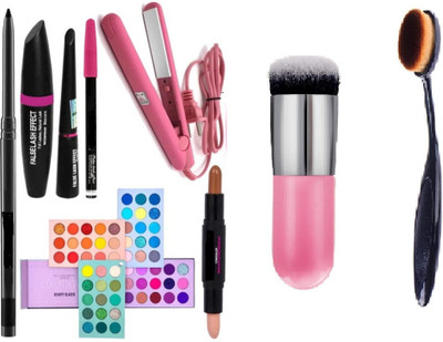 Mehaay cosmetics Color board pallete +Kajal + Foundation brushes + Hair straigtener Make up combo(9 Items in the set)