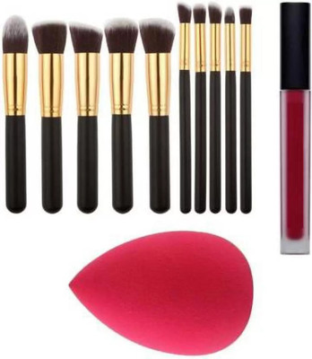 SHEFFO makeup kit combo of makeup brush black set of 10 with red lips and puff(3 Items in the set)