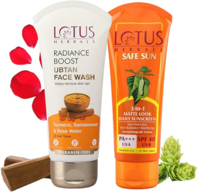 LOTUS HERBALS Radiance Boost Ubtan Facewash 50g With Safe Sun 3 In 1 Matte-Look Daily Sunscreen SPF 40 PA+++ 75g(2 Items in the set)