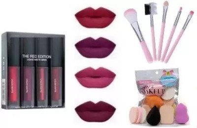 Zailie MATTE MINI LIPSTICK + 5 PC. BRUSH SET + 5 BLENDER PUFF ( COMBO PACK)(15 Items in the set)