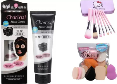 GROOVS 7 pcs makeup brush with storage box, 6 in 1 sponges puff and charcol mask(3 Items in the set)