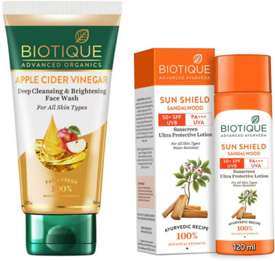 BIOTIQUE APPLECIDER VINEGAR FACE WASH 150ML, SUNSHIELD SANDALWOOD SUNSCREEN 50+SPF 120ML(2 Items in the set)
