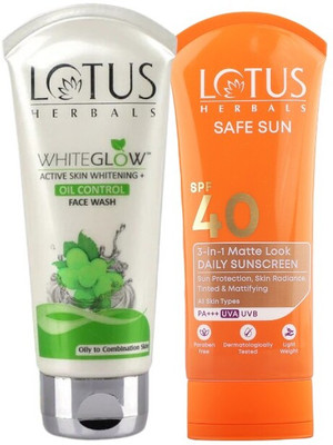 LOTUS HERBALS WhiteGlow Skin Brightening + Oil Control Facewash 100G with Safe Sun 3 In 1 Matte-Look Daily Sunscreen SPF 40 PA+++ 75G.(2 Items in the set) LOTUS HERBALS WhiteGlow Skin Brightening + Oil Control Facewash 100G with Safe Sun 3 In 1 Matte-Look Daily Sunscreen SPF 40 PA+++ 75G.(2 Items in the set)