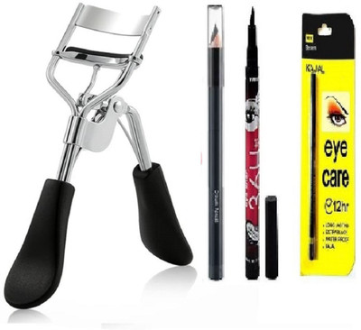 Glamezone Eyelash Curler & Beauty Kajal & 36H Deep Black Liquid Eyeliner Professional Set of 4 Makeup(4 Items in the set)