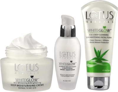 LOTUS HERBALS WhiteGlow Skin Brightening Deep Moisturising Cream SPF20 PA+++60G, Serum 30ML with 3 In 1 Deep Cleansing Facial Foam 100g(3 Items in the set)