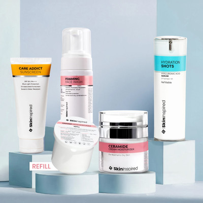 SkinInspired Winter Ready Skincare Combo - Care Addict Sunscreen + Hyaluronic Acid Serum + Foaming Face Wash + Ceramide Moisturizer & Refill(5 Items in the set)