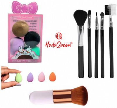 HUDA QUEEN 5pc Makeup Brush Set, 4 Mini Puff Sponges & 1 Buffing Foundation Brush(10 Items in the set)