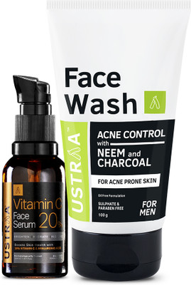 USTRAA Vitamin C Face Serum 30 ml & Face Wash Acne Control - With Neem&Charcoal 100g(2 Items in the set)