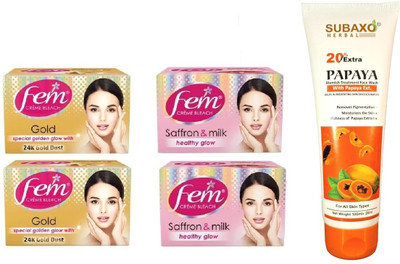 Fem GOLD BLEACH 2 PC & SAFFRON AND MILK 2 PC EACH OF 40 G & SUBAXO PAPAYA FACE WASH 120 ML(5 Items in the set)