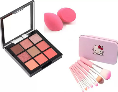 Pohok Mini Eyeshadow 9 Colors Palette With Hellokitty mini Pink brush set & 2 Sponge Puff (3 Items in the set)(4 Items in the set)