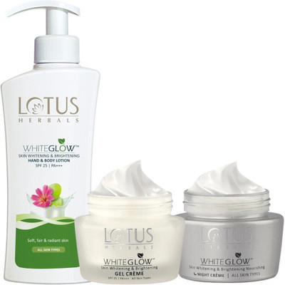 LOTUS HERBALS WHITEGLOW Day and Night CREAM 60g WITH Whiteglow Skin Whitening & Brightening Hand & Body Lotion with SPF25 40ML(3 Items in the set)
