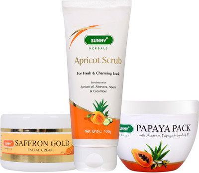 Sunny Herbals Apricot Scrub-100gm, Saffron Gold Facial Cream-100Gm and Papaya Pack-150gm(3 Items in the set)