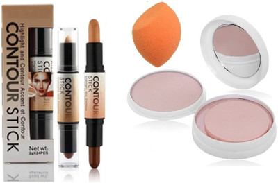 GLOWY Professionals beauty makeup Waterproof Makeup Stick 2 IN 1 Contour And Highlighter & Compact and sponge(3 Items in the set)
