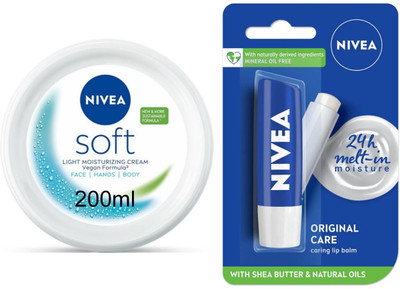 NIVEA Original Care Lip Balm 4.8g & Soft Light Moisturizing Cream 200ml (Pack of 2)(204.8 ml)