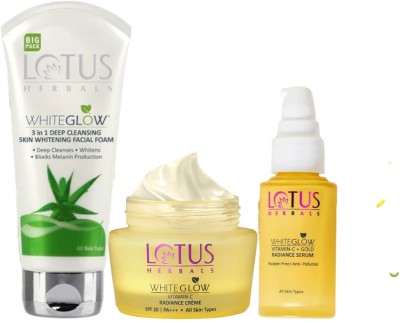 LOTUS HERBALS WhiteGlow 3 In 1 Deep Cleansing Skin Brightening Facial Foam With Vitamin C Gel Cream & Radiance Serum(3 Items in the set)