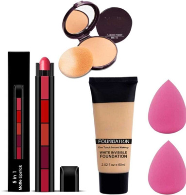 mkldsrh non transfer 5 in 1 lipstick with foundation blenders & compact powder for face make up kit(4 Items in the set)