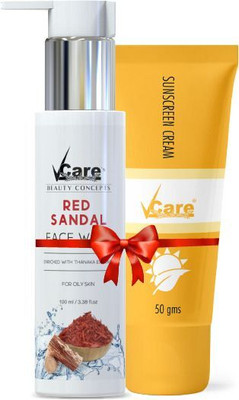 Vcare Red Sandal Face Wash Cleanser 100ml & Sunscreen SPF30 Cream 50g Combo Pack(2 Items in the set)