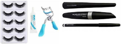 mkldsrh false eyelashes pair of 5 kajal eyeliner mascara with curler with eyelashes glue for eyes(4 Items in the set)