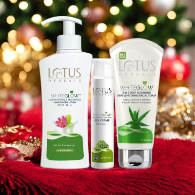 LOTUS HERBALS Whiteglow Skin Whitening Brightening Hand & Body Lotion 400ml & WhiteGlow Gel Crème 75g with WhiteGlow 3 In 1 Facial Foam 200g(3 Items in the set)