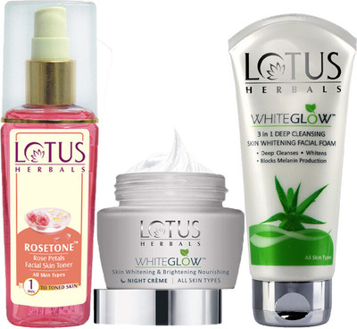 LOTUS HERBALS Rosetone Toner 100ml & Whiteglow Nourishing Night Creme 40g & Whiteglow 3 in 1 Facial Foam 100g(3 Items in the set)