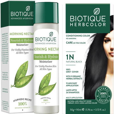 BIOTIQUE Morning Necter Moisturizer 190Ml, Herbcolor Netural Black 1N 50g + 110Ml combo of 2 (350 Ml)(2 Items in the set)