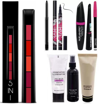 SUBHMUN Fab 5 (5 in 1) Lipstick with Waterproof 36H Sketch eyeliner and kajal and 3in1 combo set (Eyeliner, Mascara, Pencil)(6 Items in the set)