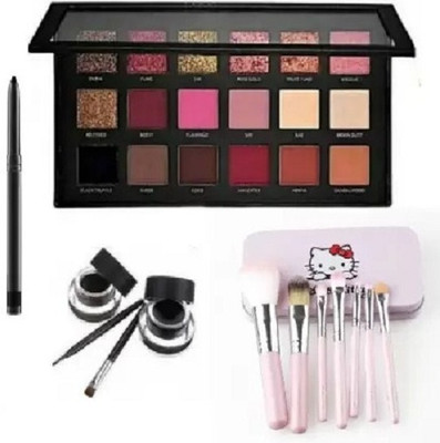 mnko The New Edition 1 Eye Shadow Pallet with 7Pcs Makeup Brush Set and Black&Brown colour Gel eyeliner & 1 Kajal (5 Item in the set)(1 Items in the set)