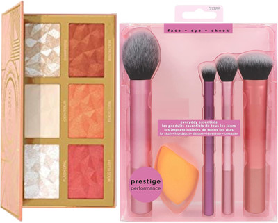 Sh.Huda 6-color Hybrid Highlight Blush contour Palette and High-Quality 4 Pcs Brush Set & Makeup Sponge – Perfect for Everyday Use(6 Items in the set)