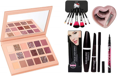 FRIPPE Mackup Kit Combo Eye Shadow Gold Kit, Puff, Masccara, Eyelashes, 36h Eyeliner(7 Items in the set)