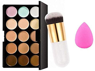 Lenon 15 Color Contour Concealer, Professional Makeup Brush & Pink sponge(3 Items in the set)