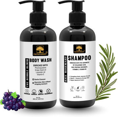FaithForest Rice Rosemary Shampoo 250ml & Bubble Bloom Body Wash 250ml Combo | Hair Shine, Cleansing & Refreshing Bath Kit(2 Items in the set)