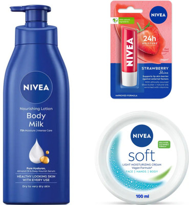 NIVEA BODY MILK BODY LOTION 400 ML, STRAWBERRY SHINE LIP BALM 4.8G & SOFT CREAM 100 ML(3 Items in the set)