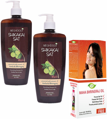 MEGHDOOT Ayurvedic Combo Pack of Shikakai Shampoo 800ml and Maha Bhringraj Oil 200Ml(3 Items in the set)