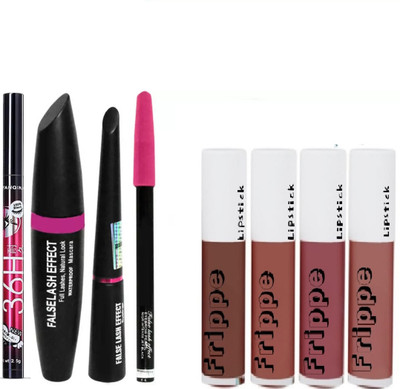 RVLIPS Kajal & 3in1 Eyeliner, Eyebrow Pencil, Mascara & Red Edition Liquid_lipstick(4 Items in the set)
