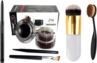 SUBHMUN Kajal & Music Flower Black , Brown Gel Eyeliner With brush 32 g & The Round & Oval Shape Makeup Eyeshadow Concealer Primer Brush(4 Items in the set)