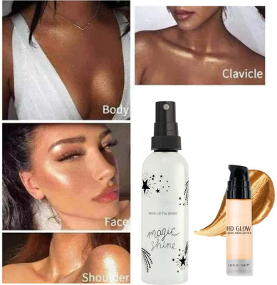 manasona Long Lasting Premium Makeup Fixer & Waterproof HD Glow Gold Liquid Highlighter(2 Items in the set)