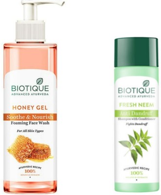 BIOTIQUE Honey Gel Face Wash 200 ML & Neem Shampoo 120 ML  (2 Items in the set)