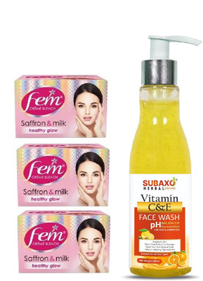 Fem SAFFRON AND MILK BLEACH 3 PC EACH OF 40 GM AND SUBAXO VITAMIN C AND E FACE WASH 200 ML(4 Items in the set)
